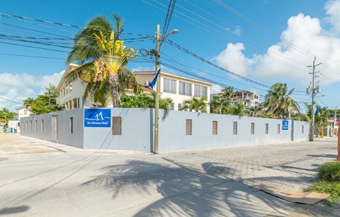 The hotel on its palm-lined street corner in San Pedro, with the Sea Horizon Hotel sign on the perimeter wall
